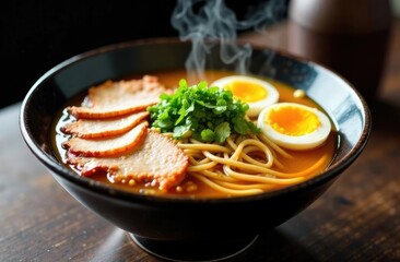 A steaming bowl of ramen with noodles, eggs and bacon.