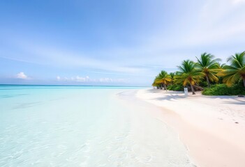 Naklejka premium White sand beach, turquoise water, palm trees swaying gently in breeze, sea, shore