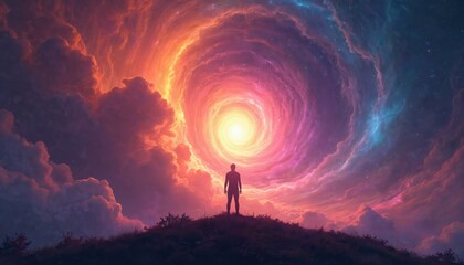 Fototapeta premium Silhouette of person against vibrant cosmic backdrop. Man on hill, watching universe. Spirituality meditation, astral, cosmos, energy, mystery, soul, nirvana, mindfulness. Beautiful space