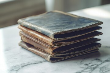 A stack of worn, leather-bound books rests on a marble surface, showcasing age and history.
