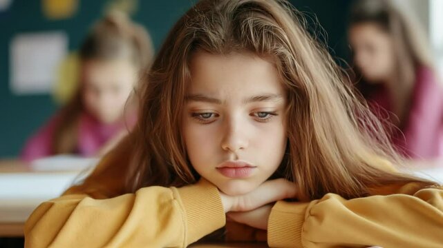 frustrated bored sad teenage schoolgirl sitting at her classroom desk