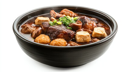 Hot Braised Pork Belly with Tofu Bowl Close-up on White