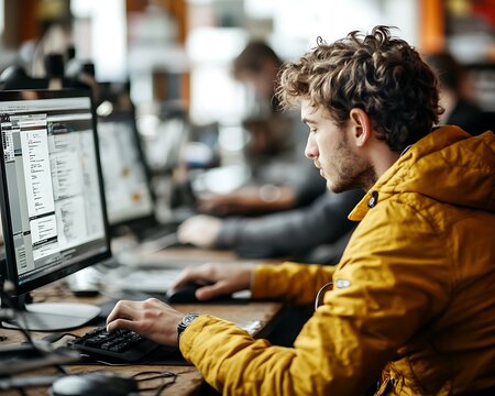 A young man in a yellow coat working on computer software - Powered by Adobe
