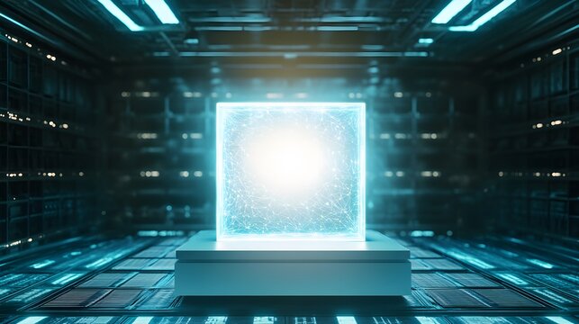 A futuristic glowing cube-shaped podium, set in a high-tech research facility - Powered by Adobe
