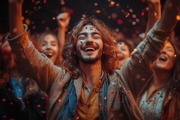 Obraz premium Happy crowd celebrating at a vibrant festival filled with confetti and joyful expressions in an evening atmosphere