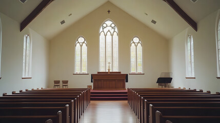 Bright and elegant modern church interior with wooden pews and large gothic-style windows
