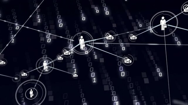 Animation showing network of connections and binary code with digital human icons