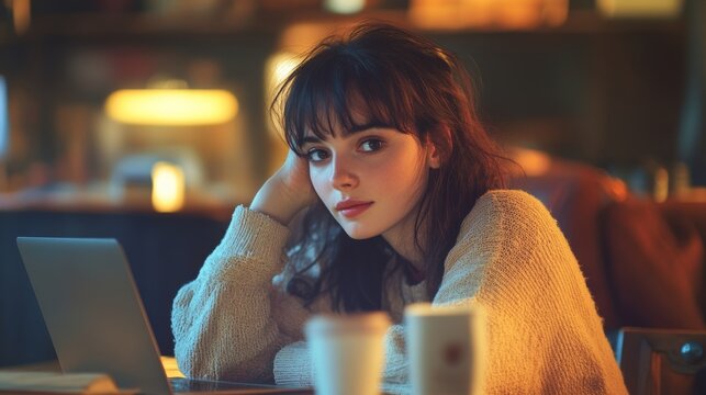 A young woman works on her laptop in an urban coffee shop, surrounded by warm colors and soft lighting.  - Powered by Adobe