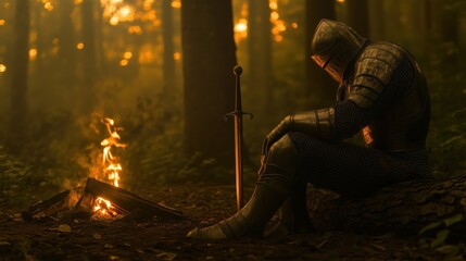 Fototapeta premium A medieval knight in armor sitting beside a campfire in a forest during sunset.