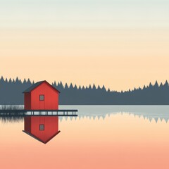 Fototapeta premium Red lakeside cabin at sunset, reflecting on calm water.