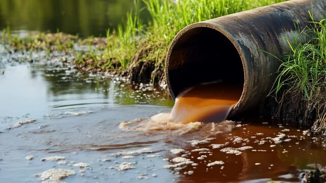 A large metal pipe from which a cloudy brown liquid flows into a pond. Green grass grows around the pipe, and the surface of the water is covered with bubbles and foam.