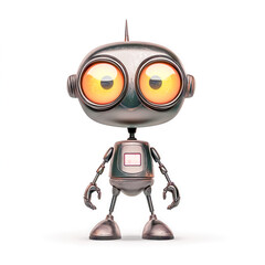 Fototapeta premium Cute vintage toy robot standing with glowing eyes on white background