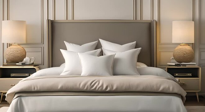 Three white pillows are stacked on a bed in a bedroom 4K