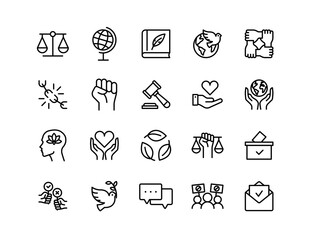 Ethics And Justice Vector Icon Set | Adjustable Line Weight | Equality, human rights, law, peace, freedom, democracy, voting, sustainability, diversity, solidarity, empowerment, activism icons