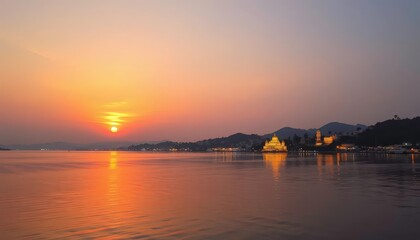Sunset over Fateh Sagar Lake, Udaipur's shimmering waters reflecting city lights,  lake view, city