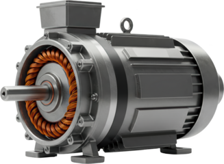 Powerful Industrial Electric Motor Close up Detailed Image Showing Copper Winding and Metal Housing