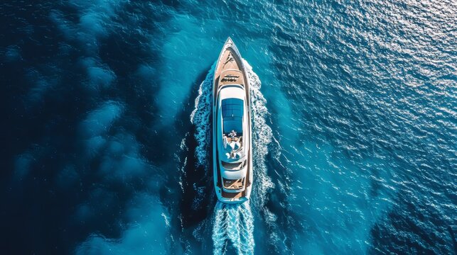 Aerial view of a luxury yacht captured in a bright turquoise water in ocean.