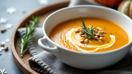 Velvety pumpkin soup with cream and pumpkin seeds, set in a cozy winter scene with cool tones and natural textures.