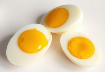 Three soft-boiled eggs, yolks ranging from runny to firm, on white, still life, top view