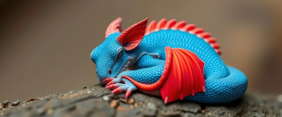 Naklejka premium Tiny blue-scaled dragon with vibrant red wings, curled up asleep, drawing, sleep