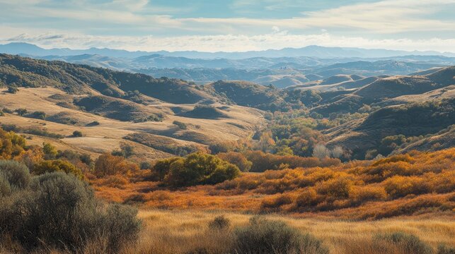 A panoramic view of a valley, with rolling hills and patches of autumn foliage.