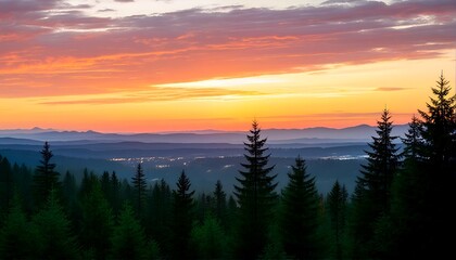 A scenic view of a sunset over rolling hills and mountains with trees visible.