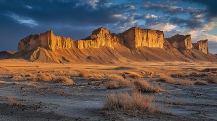 a desert landscape with a large rock formation in the background 