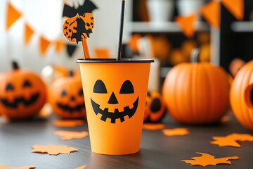 Halloween party beverage in a festive cup with jack-o'-lantern design. Pumpkins and decorations create a spooky atmosphere.