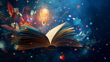 An open book with colorful pages and symbols of knowledge floating. A glowing light bulb floats above the book on a dark background.