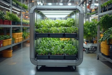 Indoor vertical farm with vibrant greens growing in a modern, well-lit environment