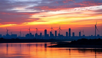 Fototapeta premium A city skyline at sunset with wind turbines silhouetted against a vibrant orange and purple sky.