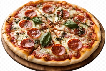 A delicious pepperoni pizza pie sliced and ready to eat