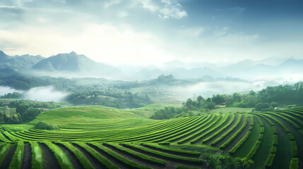 Exploring Green Tea Plantation in Misty Mountains Landscape Scenery