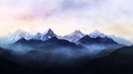 A stunning view of a mountain range with peaks shrouded in mist during sunset.