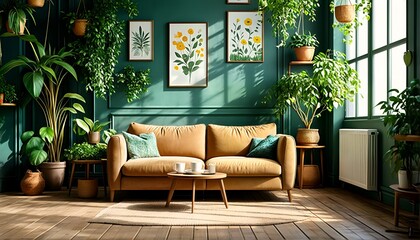 A cozy and inviting living room with green walls, wooden floors, and comfortable furniture.
