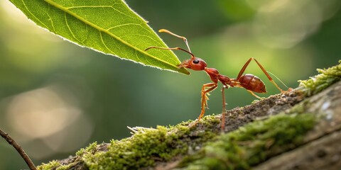 A macro image of a red ant lifting a piece of leaf, highlighting its strength and teamwork in a natural setting.