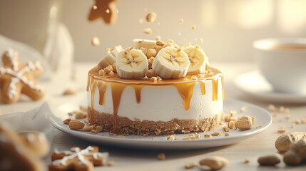 Delicious caramel cheesecake topped with sliced bananas, peanuts, and a sprinkle of gingerbread