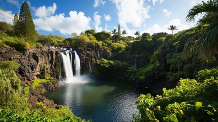 Fototapeta premium A stunning waterfall cascading into a serene pool surrounded by vibrant greenery and palm trees.