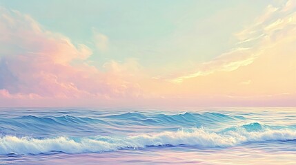 Obraz premium A vast ocean horizon, with no land in sight, and soft waves under a pastel-colored sky. 