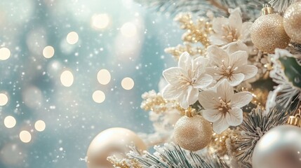 Obraz premium Elegant Christmas Decor, Close-up of Festive White Flowers and Gold Ornaments