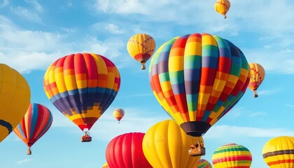 Vibrant hot air balloons soar against a vivid blue sky, serenity, scenery