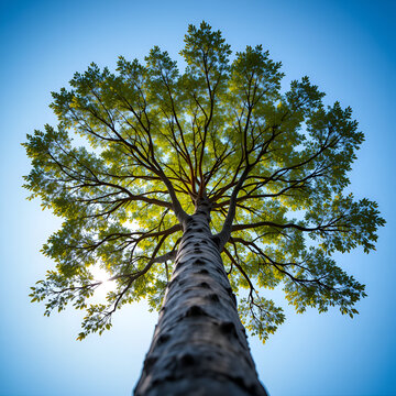selective focus, kurrajong tree from below against blue sky, leaves and trunk of kurrajong tree or with scientific name Brachychiton rupestris.