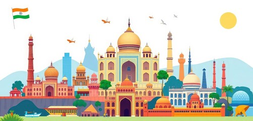 Vibrant illustration of India's iconic landmarks & cultural symbols,  architecture,  travel poster