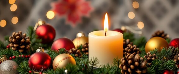 A festive Christmas candle surrounded by ornaments and pine cones, traditional, interior