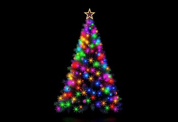 Vibrant rainbow Christmas tree against a stark black backdrop, modern, art