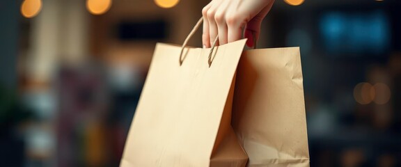 A hand gently grasping a brown paper shopping bag, object, minimalist