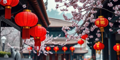 Vibrant red lanterns, blossoming plum blossoms, auspicious spring couplets adorn traditional Chinese architecture, texture, pattern