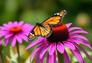 Fototapeta premium A monarch butterfly delicately perched on a vibrant purple coneflower, coneflower, bright
