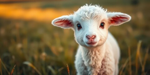 Obraz premium A fluffy lamb with large, innocent eyes, standing in a field, mammal, young
