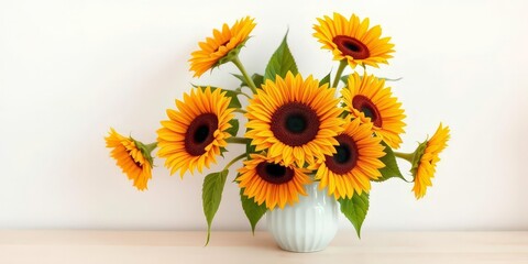 Vibrant sunflowers in a simple vase beside blank stationery, image, template
